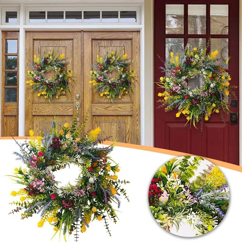 1 PCS Weatherproof Greenery All Seasons Round Wreaths 18In Outside Welcome Summer Flowers