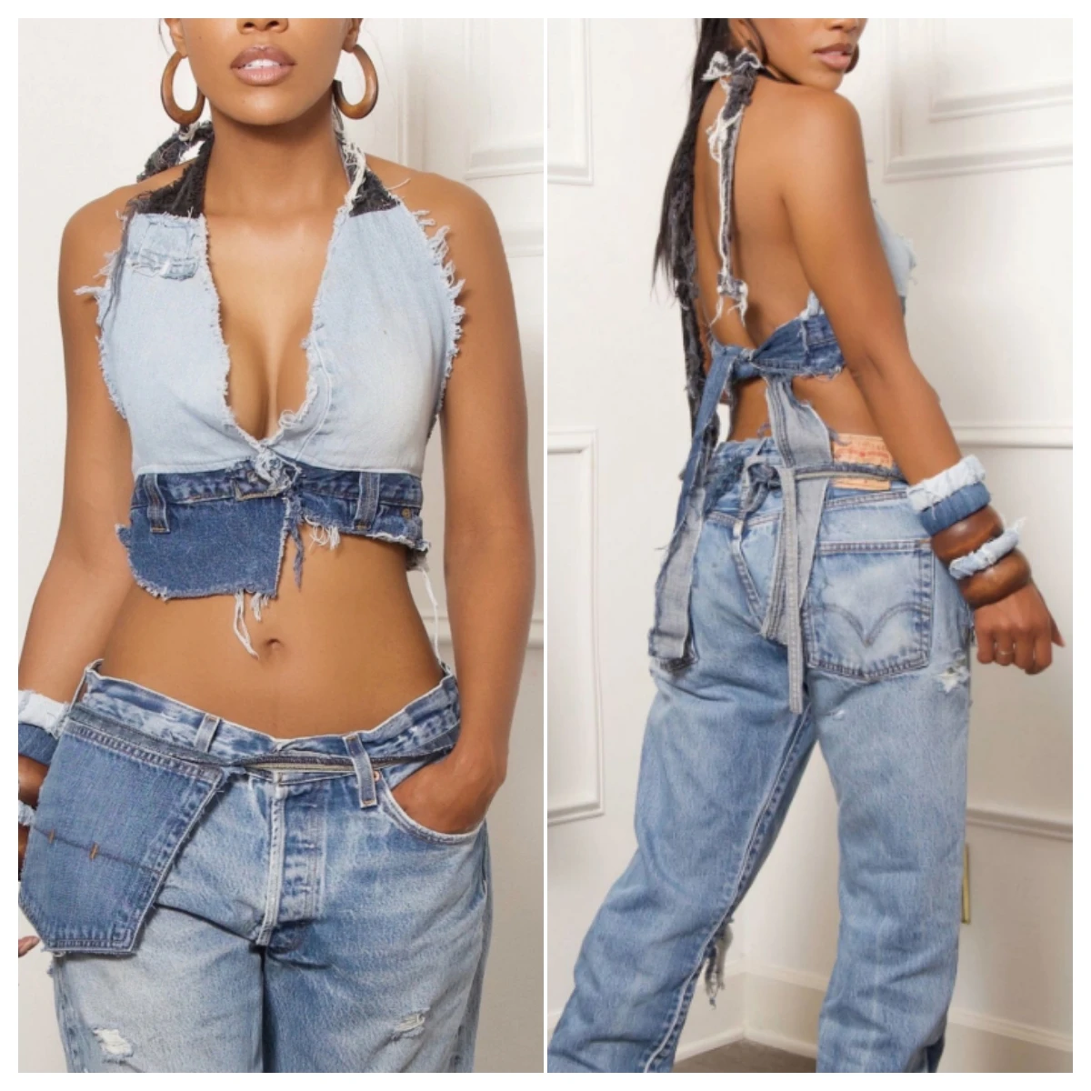 

Color Patchwork Y2K Denim Tanks Crop Top Women Sexy Deep V Neck Sleeveless Bandage Halter Backless Irregular Jeans Vests Tops