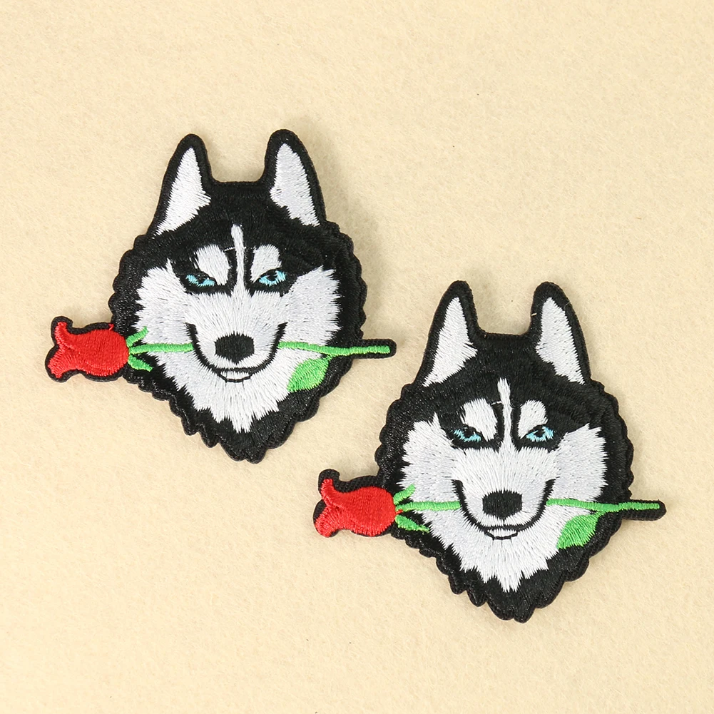 

2PC Funny Dog Wolf Patch Rose Flower Handmade Embroidery Badge Lovely Applique Iron on DIY T-shirt Sewing Fabric Crafts Decor