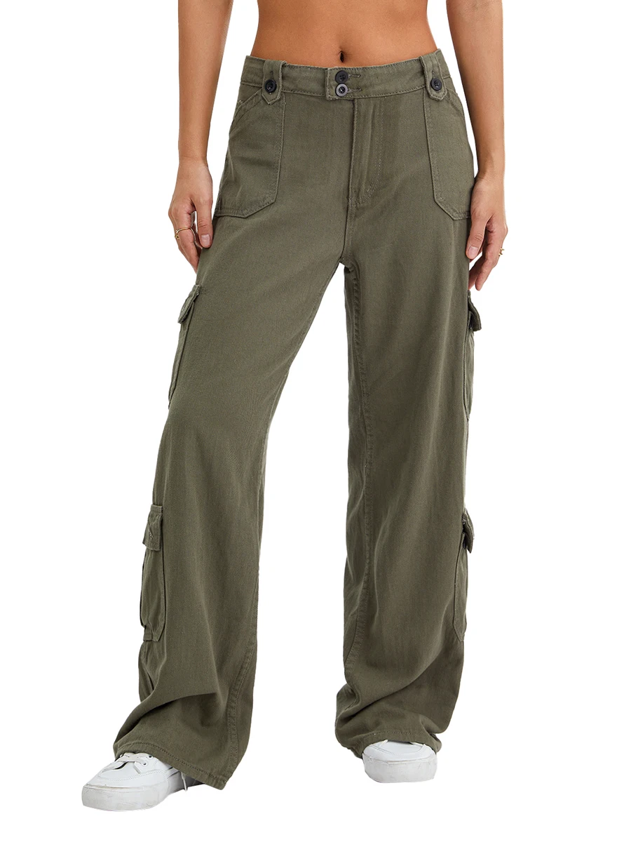 

2023 Womens Y2K Cargo Pants Solid Color Elastic Waist Tie-Up Side Pockets Loose Fit Trousers Casual Simple Bottoms Streetwear