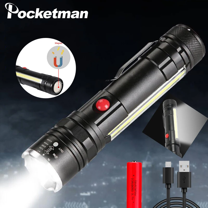 Powerful LED Flashlight with Magnet Portable Auto Repair Light 18650 Rechargeable Flashlights Waterproof Torch with Side Light