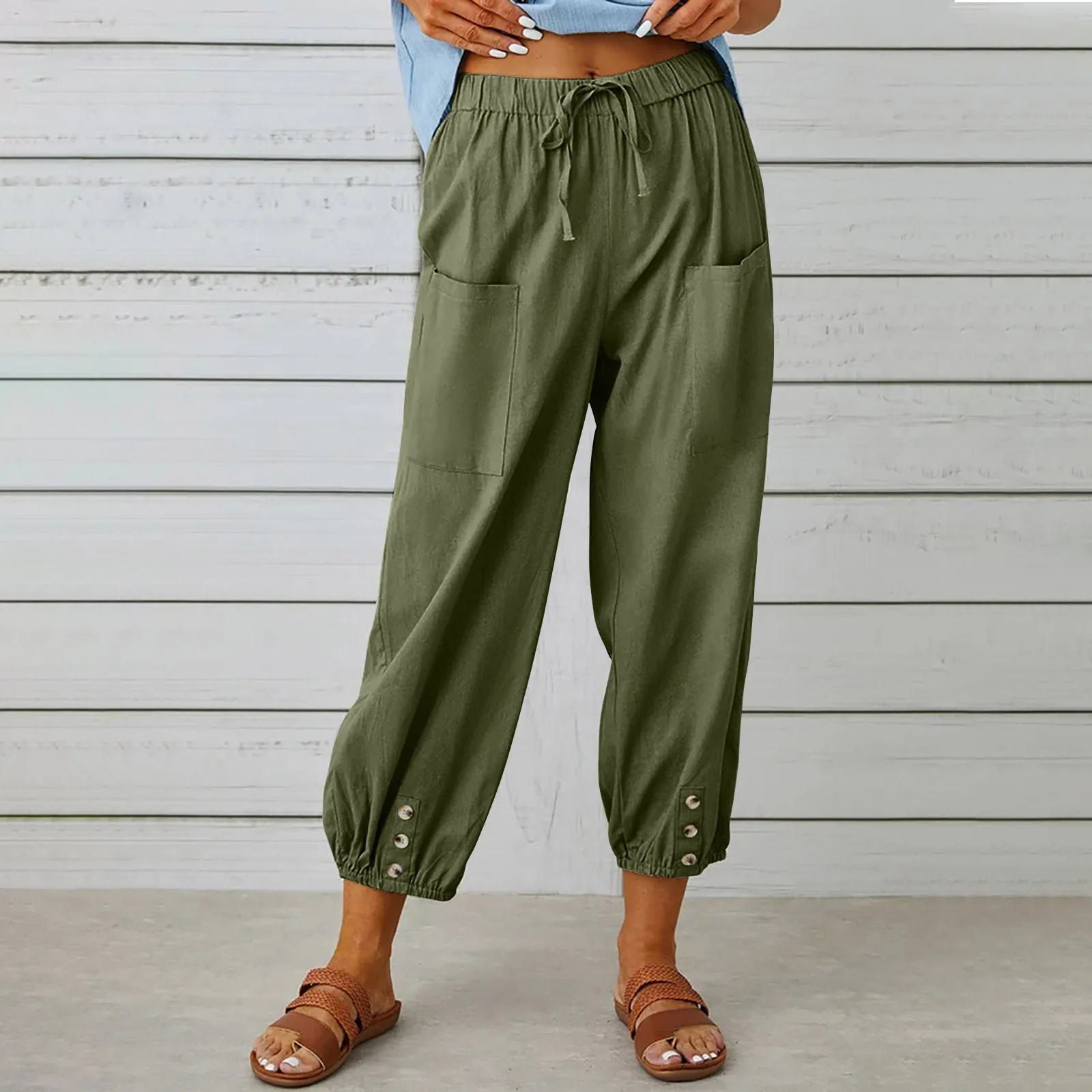 New Loose Type High-waisted Buttoned Cotton Hemp Pants Nine-point Pants Wide Leg Women's Pants