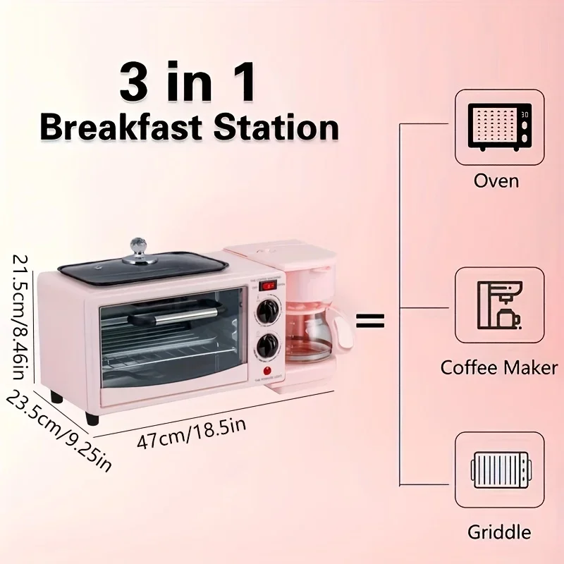 3-in-1 Breakfast Maker Home Mini Electric Oven Bread Maker,600ml Drip Coffee Machine,Non Stick Pan Fry Pan,Can Fry Grill Steak 2