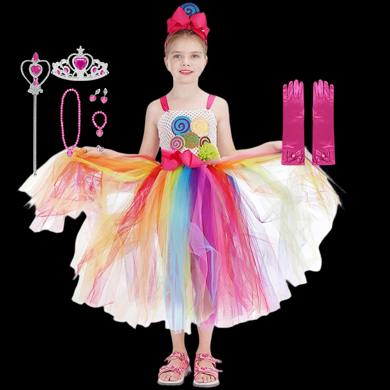 

Girls Rainbow Candy Dress Kids Light Up Lollipop Wand Carnival Baby Girl Costumes Summer Clothing Children Birthday Party Gown