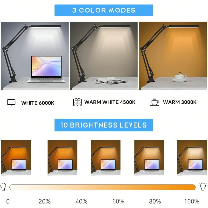 Adjustable Eye-Caring LED Desk Lamp with Clamp - 3 Color Modes & 10 Brightness Levels for Home, Reading, and Study