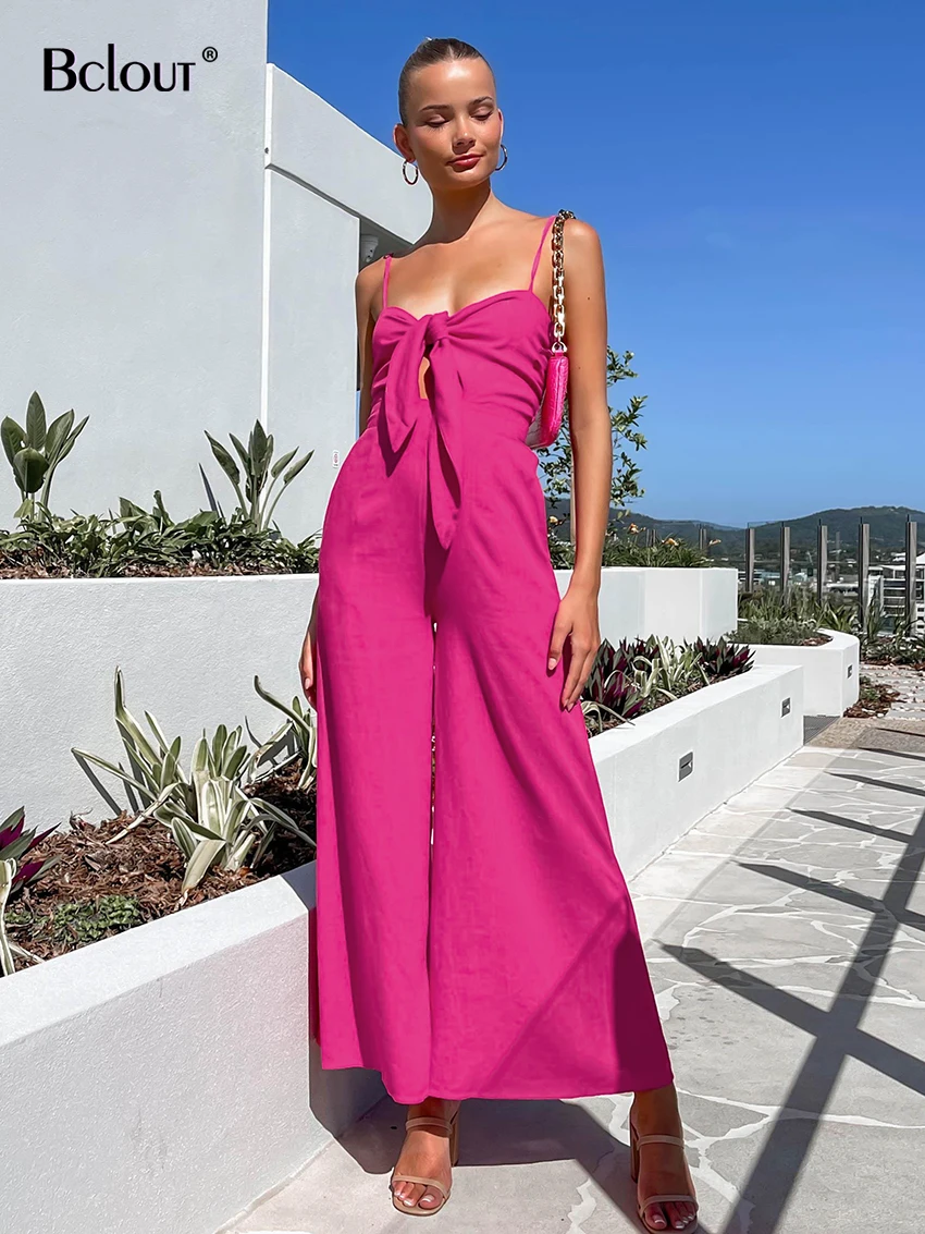 BcloutSummerPinkLinenJumpsuitsWomen2023VacationSpaghettiStrap