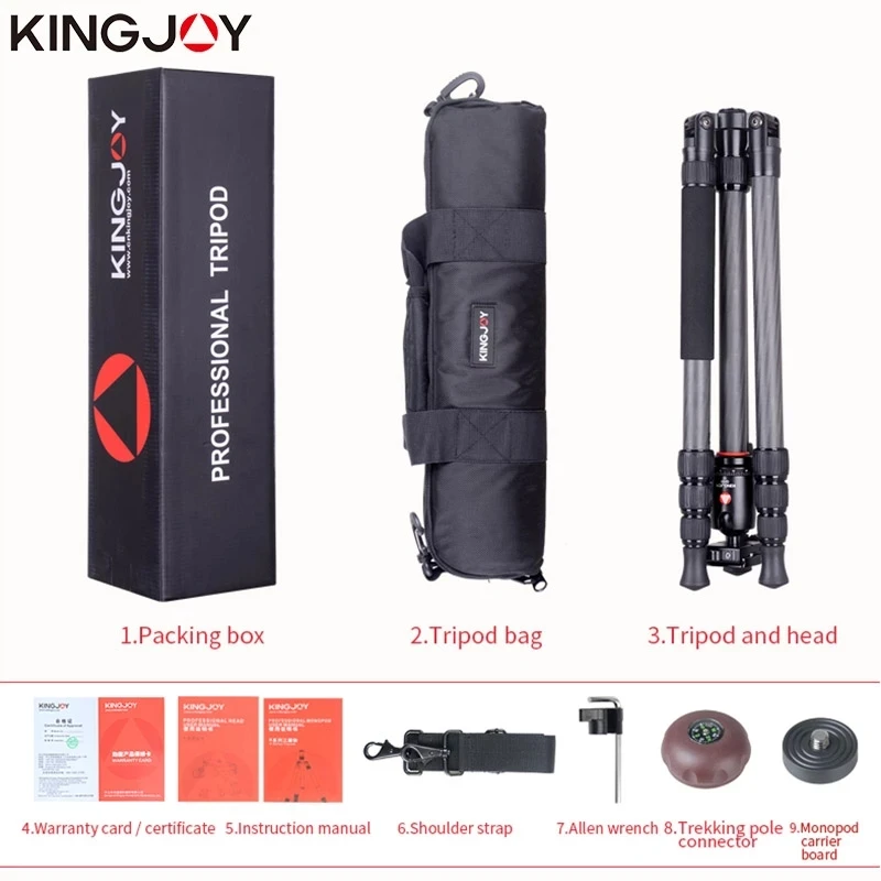 KINGJOY 탄소 섬유 전문 카메라 삼각대 스탠드, 모델 모빌 유연한 스태티브 SLR DSLR, K2208 + QH20
