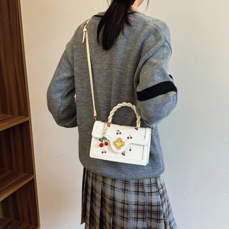 Fashion Cherry Print Top-Handle Bag Ladies Sweet Crossbody Bag Luxury Brand Small Square Bag 2024 Women High Quality Sling Purse
