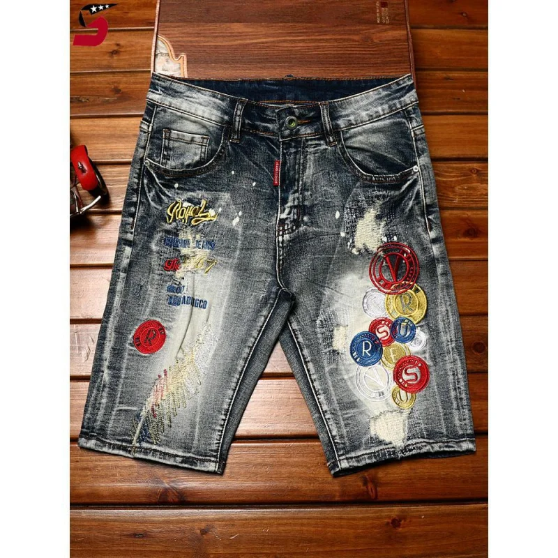 

High End Fashionable Embroidered Denim Shorts With Men'S Distressed Patches Personalized Elastic Slim Fit Fashion Casual Breeche