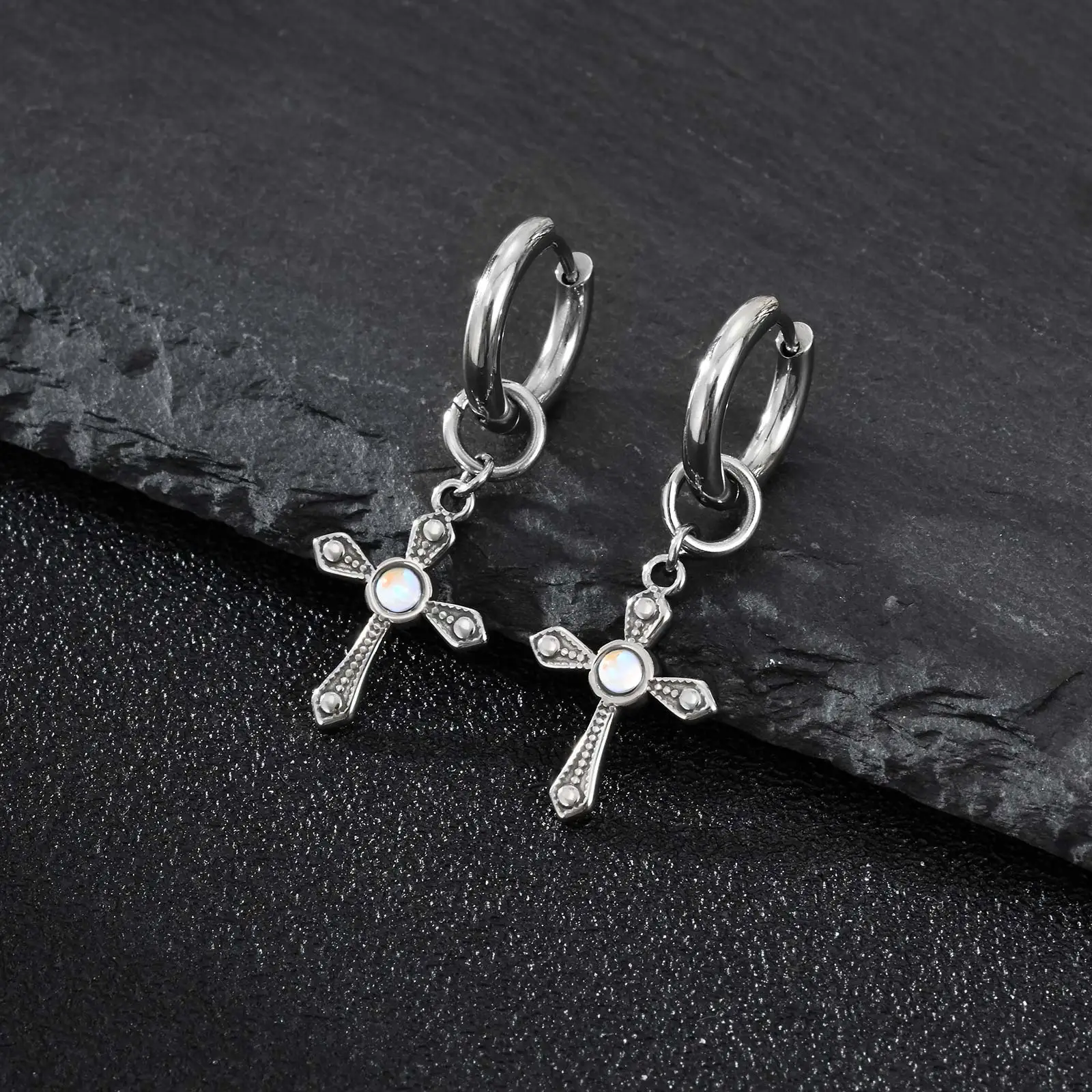 Vintage Gothic Punk Kreuz Lock Schlüssel Ohrringe für Männer, Edelstahl Geometrische Tropfen Ohrringe, Retro Hip-Hop Piercing Schmuck