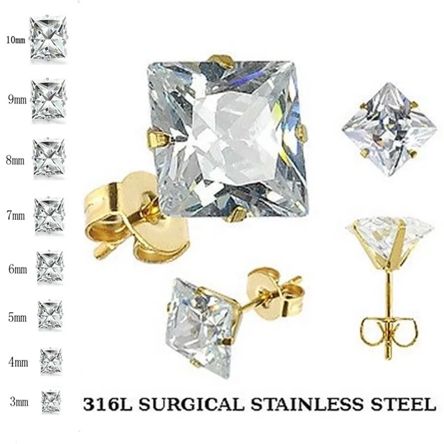 Boucles d'oreilles carrées en acier inoxydable pour hommes et femmes, carte plaquée or, piercing en cristal cubique, ensembles de cadeaux, vente en gros, 10 paires