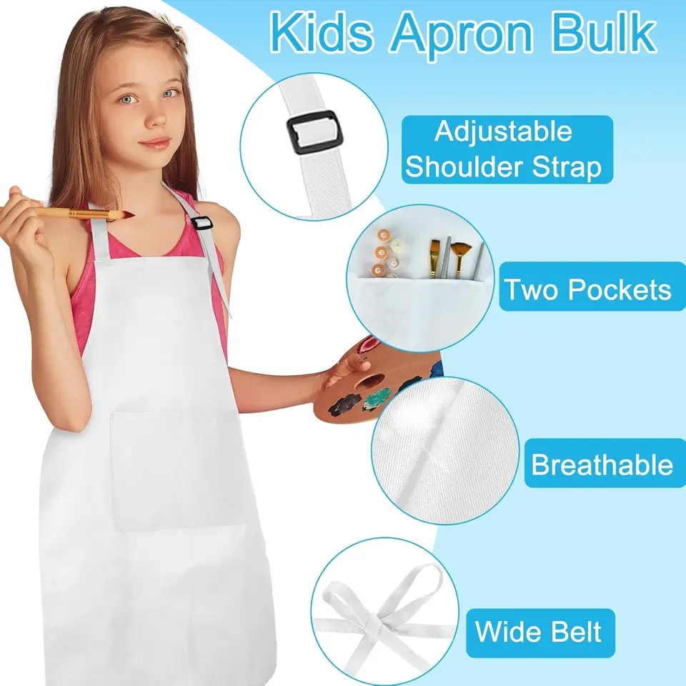 16-Pack Kids Aprons With Pockets - Adjustable Chef & Art Aprons For Cooking, Painting, Crafts (Ages 6-13, White)