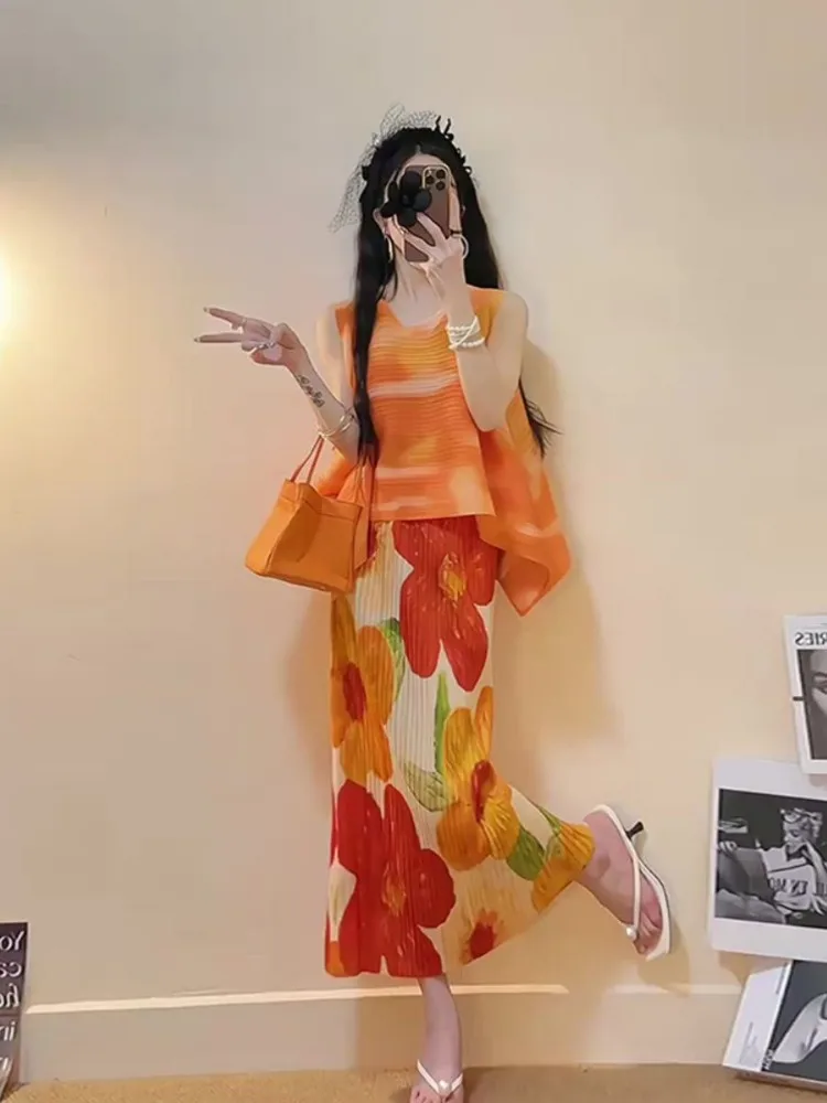 Y2K Women Printed Skirt Set Spring Summer Dopamine Pink Sleeveless Tops Skirt Suit Japan Lolita Sweet Ladies Suits Tie Dyeing