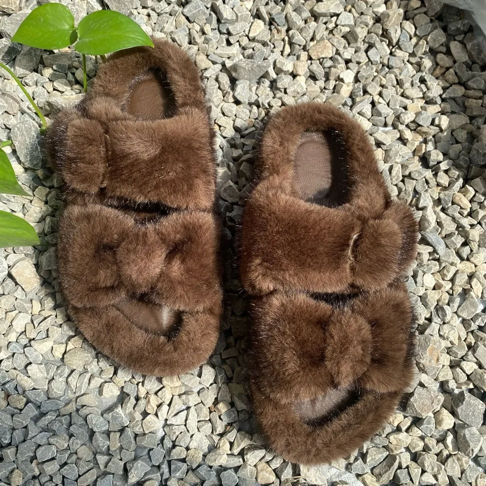 Faux Fur Slippers For Women Winter Fluffy Fur Slides Fuzzy Plush