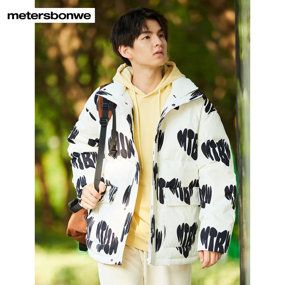Metersbonwe Print Down Wear For Man Loose 80% Gray Duck Down Stand Collar Vibrant Color Warm Wear Couple  Winter Down Coat