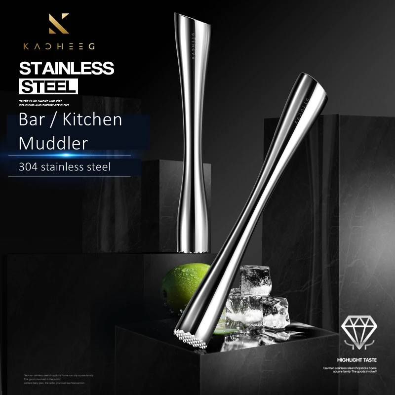 LFGB Certificated 304 Stainless Steel Cocktail Muddler Original Design Ergonomic Handle Ice Fruit Crusher with Nails for Bar