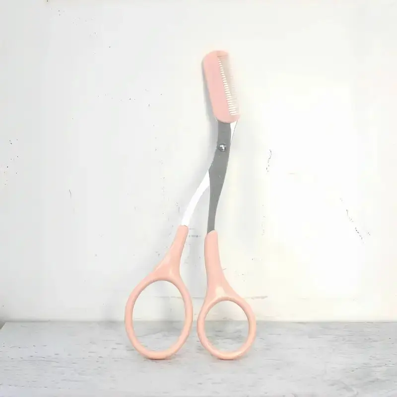 Pink Stainless Steel 1pc Eyebrow Trimming Scissors-Precision Grooming Tool with Built-In Comb for Perfect Brows-Non-recharge