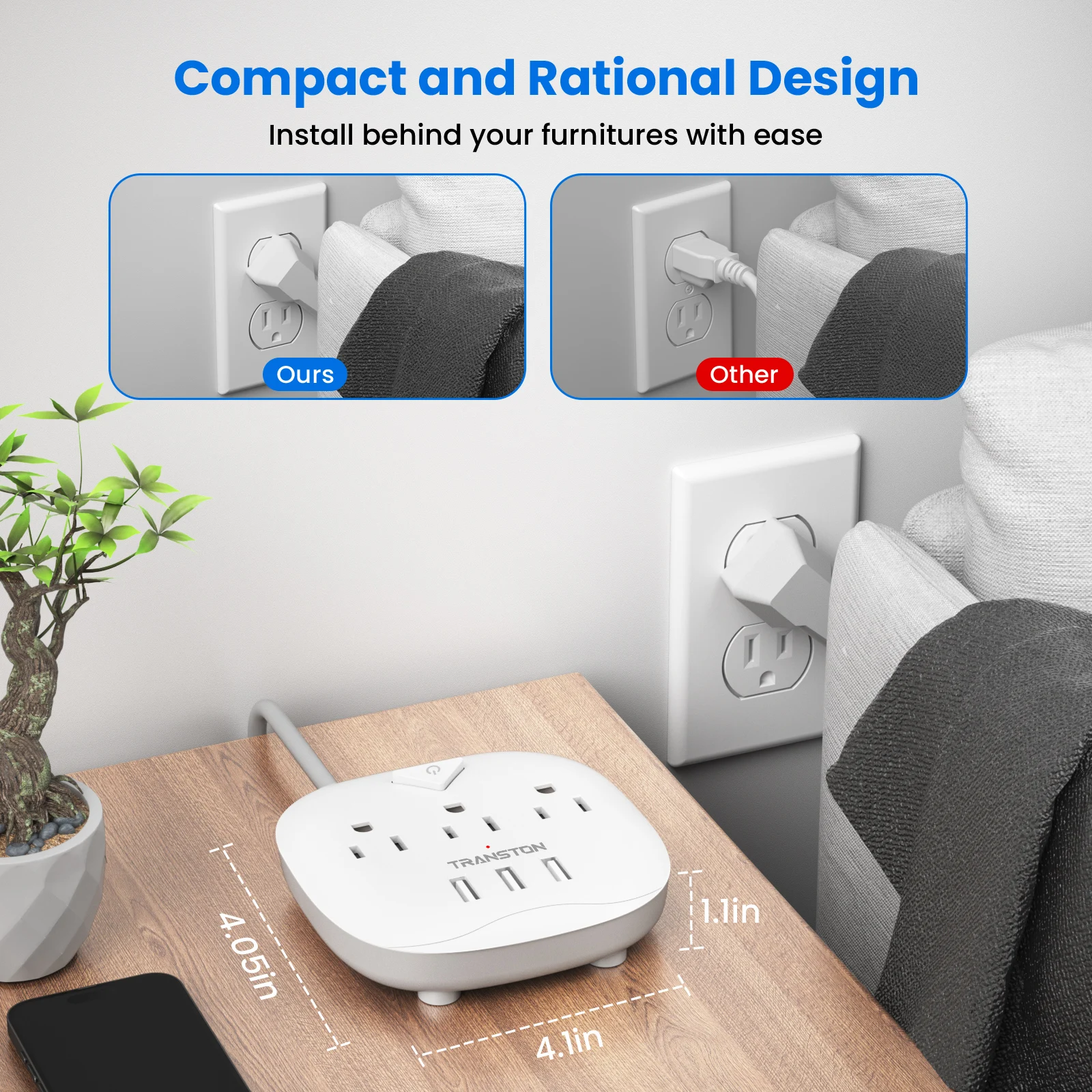 Power Strip with Switch – 3 Outlets, 3 USB Ports, 3.3ft Extension Cord, Quick Charge, Fire-Resistant Design 2