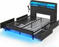 Bed Frame with Storage Headboard, Metal Platform Charging Station, LED 4 Drawers, Bookcase Storage, No Box Sprin 1