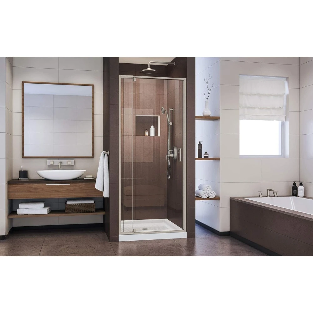 Semi-Frameless Pivot Shower Door in Brushed Nickel,Tempered Glass,Brushed Nickel 2