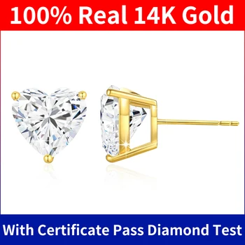 Szjinao Pure 14K Gold Hearts Earrings Moissanite Real Gold Certified Women Jewelry Three Claw Luxury AU585 K Gold Wedding Gifts 1
