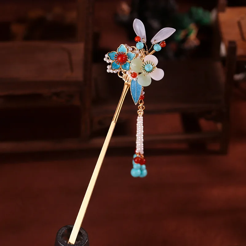 Haar Essstäbchen Mit Blauer Chinesischer Blume – Vintage Holz-Quaste, Für Hanfu Oder Hochzeit