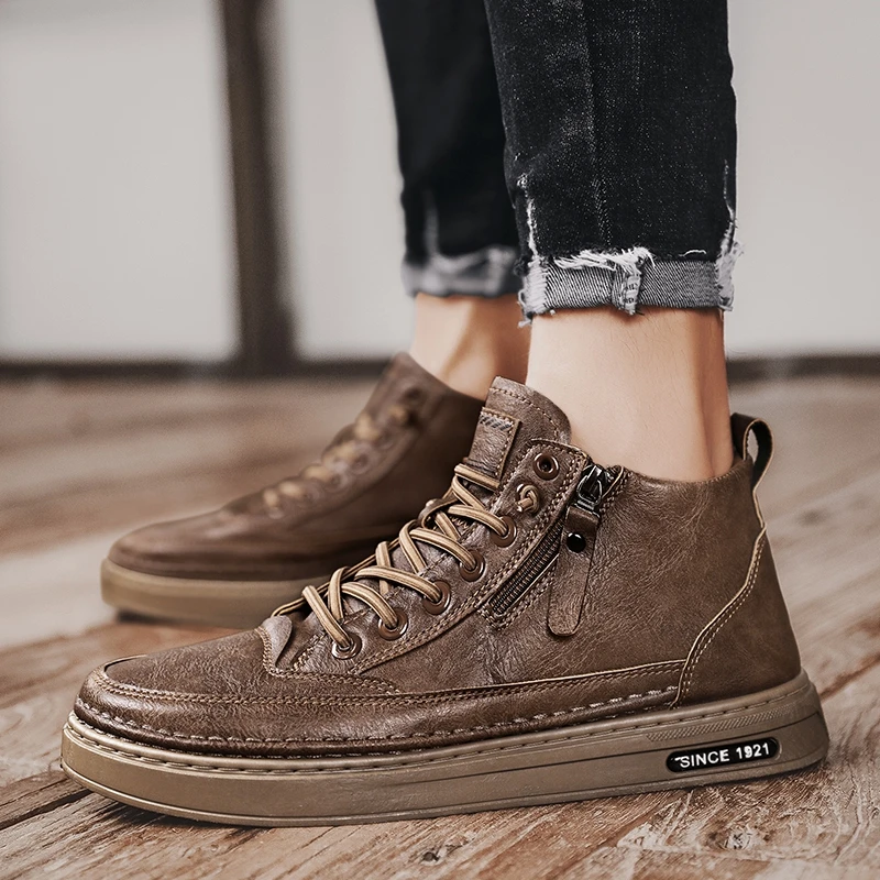 Dropship Spring Autumn Winter Ankle Boots Men Retro Casual Lace Up Leather  Shoes Mid-top Hand Sewn Outdoor Motorcycle Vintage Brown Green to Sell  Online at a Lower Price