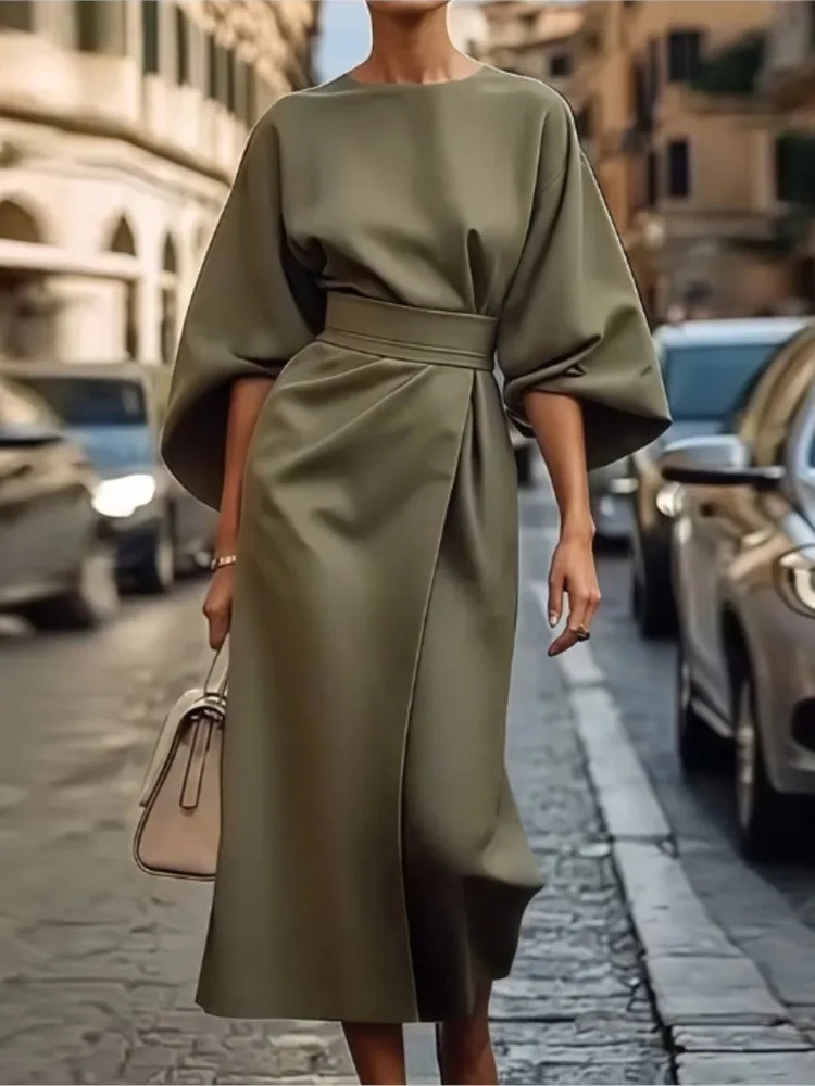 2025 Spring Fashion Solid Color Long Dresses Woman Sexy Round Neck Bat Sleeve High Waist Dress Elegant Commuting Lady Dress 5