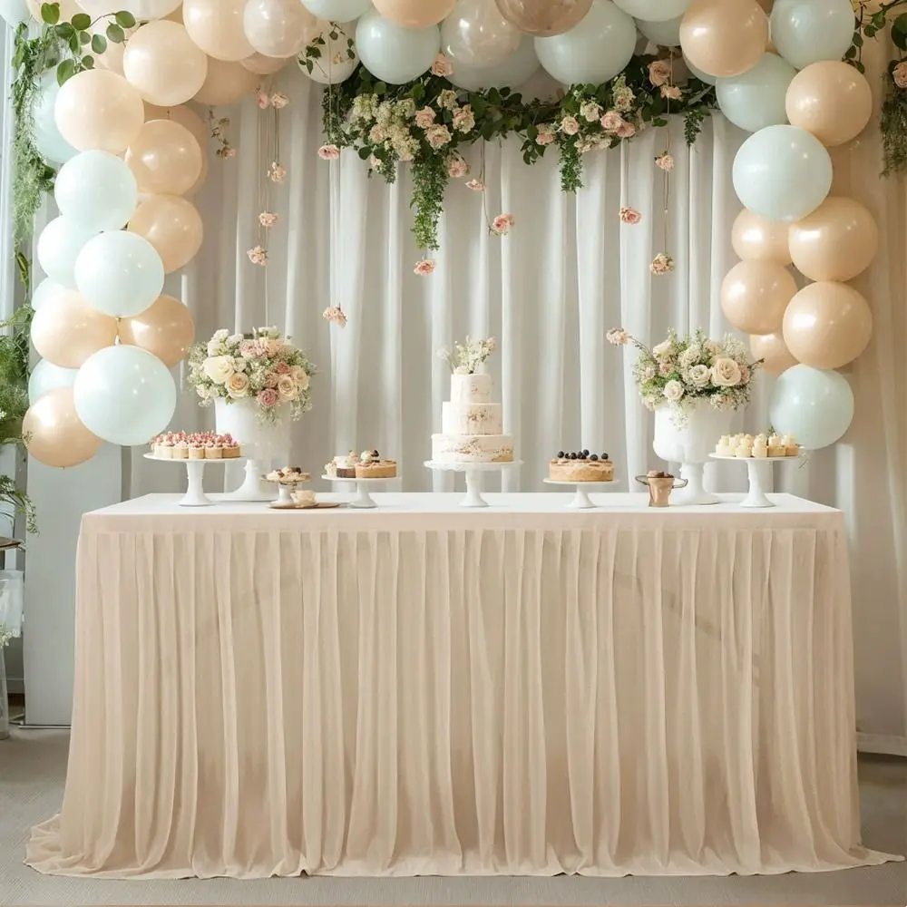 Glitter Pearl Chiffon Guaze Ruffle Dining Table Skirt Thin 6FT Gauze Wedding Table Curtain Reusable Tablecloths