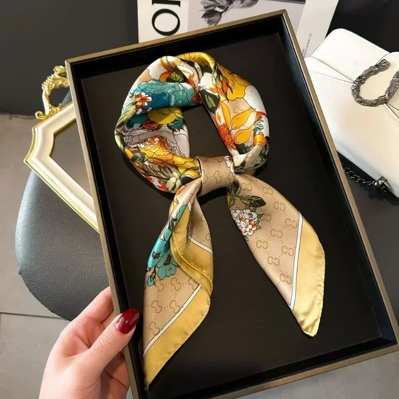 Silk Scarf 2025 Hijab Head Girl Luxury Square Plaid Women Satin Neck Hair Tie Band Soft Work Neckerchife
