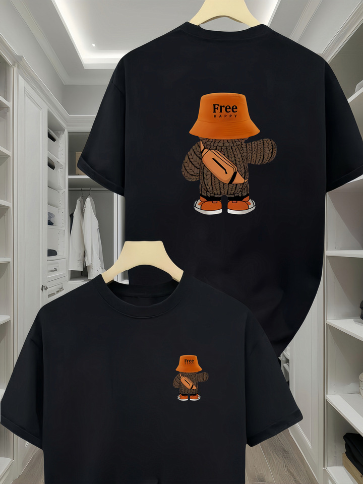 Men's 100% cotton fashionable casual loose oversized cute backpack bear pattern printed round neck short sleeved t-shirt