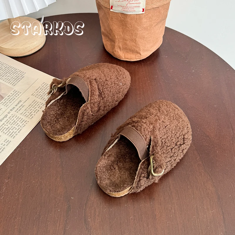Warm Shearling Birken Clog Sandals Baby Girl Brand Design Lambswool Mules Toddler Kid Soft Cork Sole Elasic Band Fur Slide Shoes 5