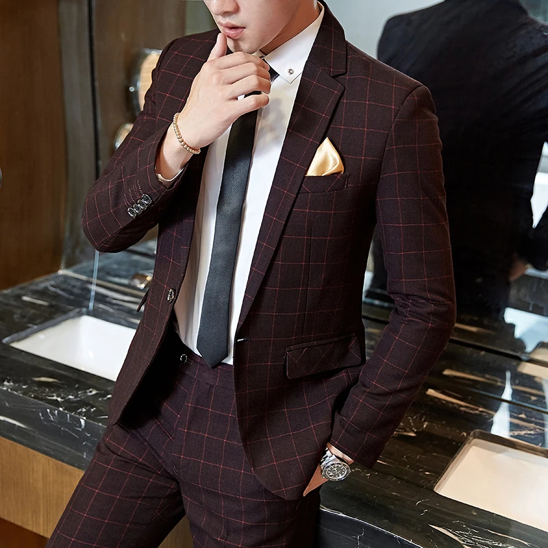 New Men's Casual One-button (suit + Trousers) Business Casual No-ironing Plaid Suit Men's Best Man Suit Two-piece Set M-5XL formal suit