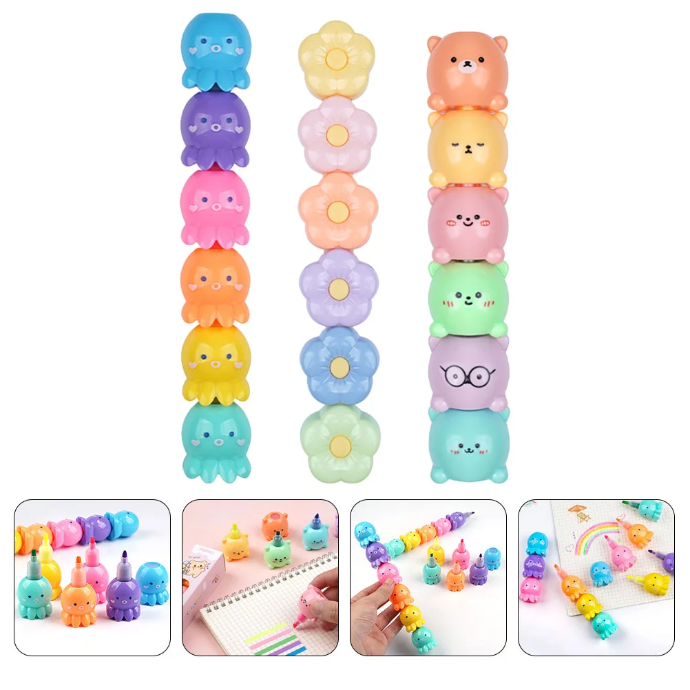 

3 Sets Cartoon Highlighter Octopus Flower Bear Shaped Stackable Kawaii Marker Pens Chisel Tip Pastel Highlighter Cute Book