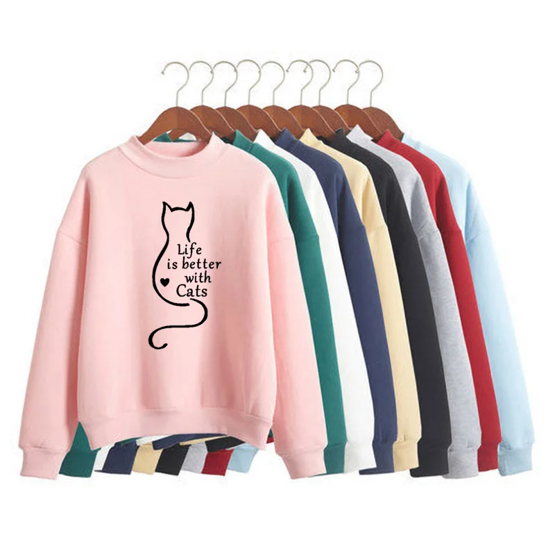 

Life Is Better With Cats Print Woman Sweatshirt Sweet Korean O-neck Knitted Pullover Autumn Candy Color Loose Women Clothing