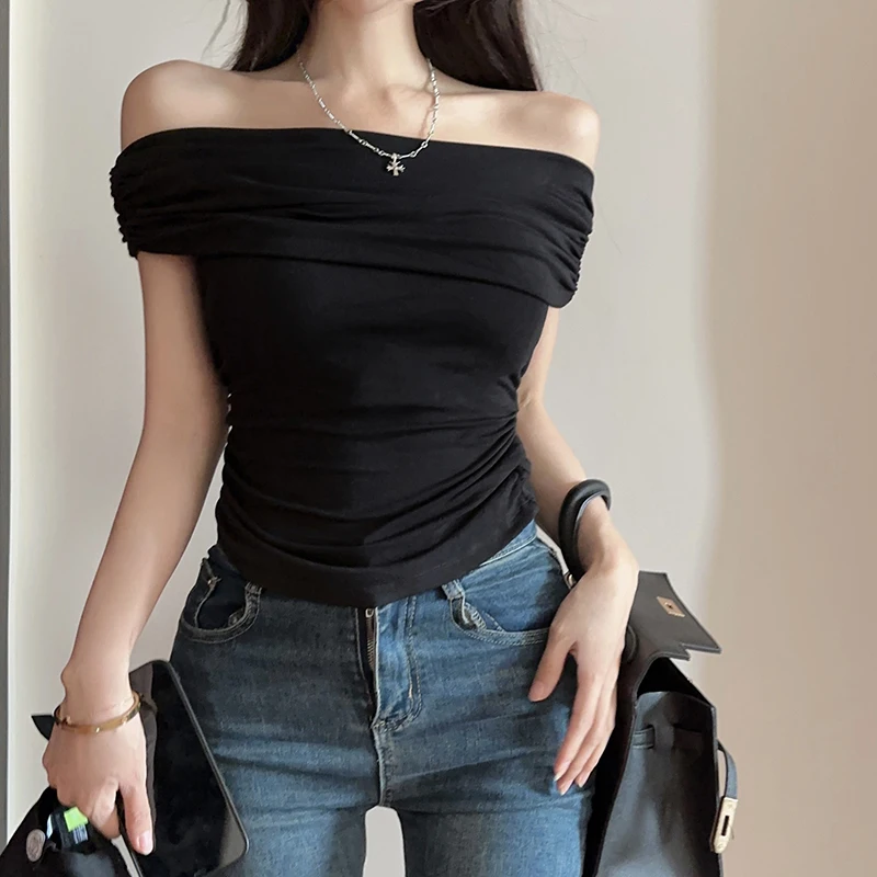 

French Slash Neck Y2K T-shirt Women Summer 2023 New Slim Fit Off Shoulder Short Sleeve Crop Tops Mujer