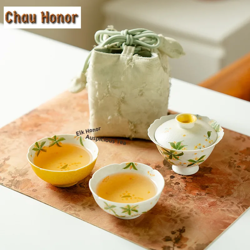 Hand-painted Osmanthus Flowers Travel Tea Set Kit Antique 1 Pot 2 Cups Household Tea Brewing Organizer Portable Outdoor Handbag