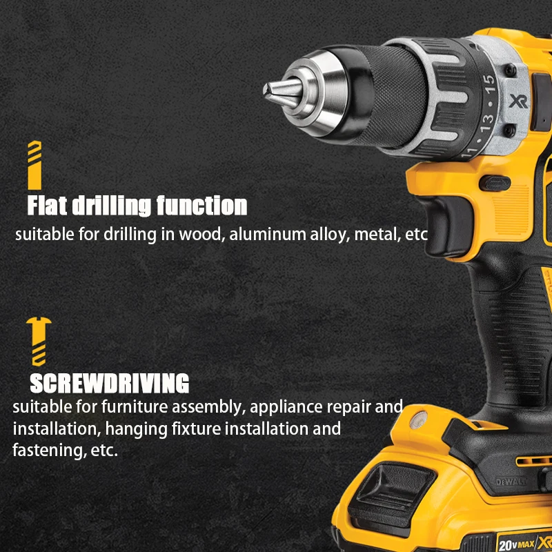 DEWALT 무선 전기 임팩트 드릴, 브러시리스 모터, 리튬 배터리 전동 공구, 65 Nm 토크, DCD7771