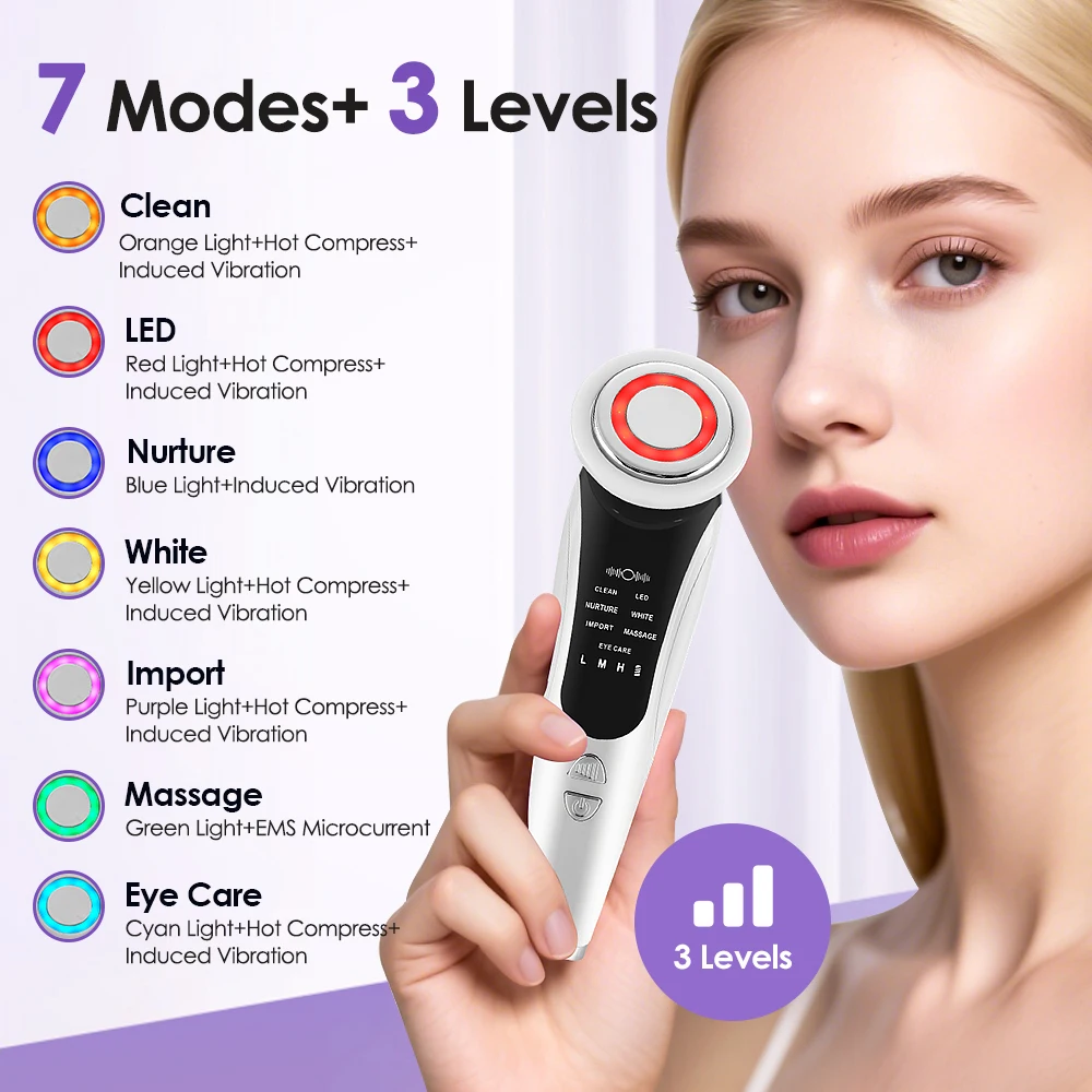 7 in 1 Facial Massager EMS Face Lifting Device with Vibration Hot Compress Skin Rejuvenation Face Firming Deep Cleansing Beauty