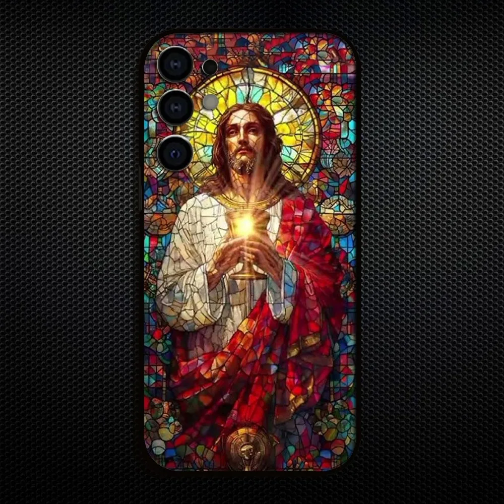 Classic Stained Glass Jesus Christ Phone Case - Elegant Black Cover