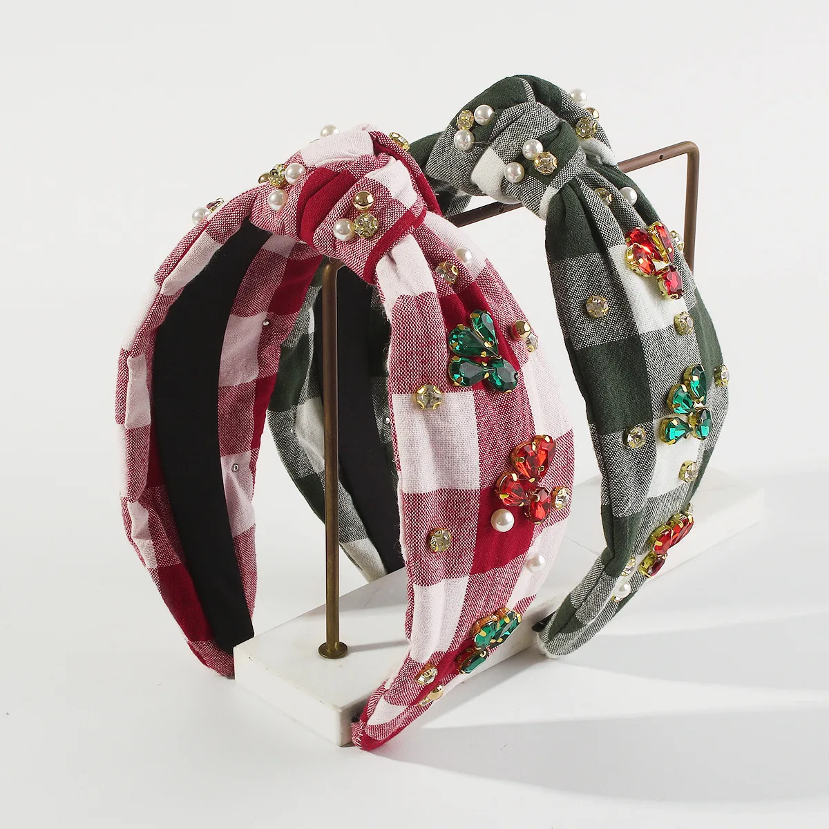 

Европейская и американская Рождественская повязка на голову для шахматной доски, модная тканевая повязка для волос с узелком и бисером для женщин