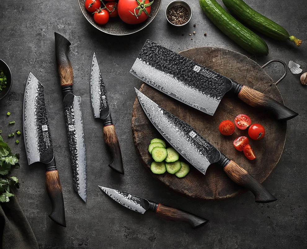 Damascus Knife Set - 67-Layer Steel with White Oak  Red G10 Handles 1-6 Pieces