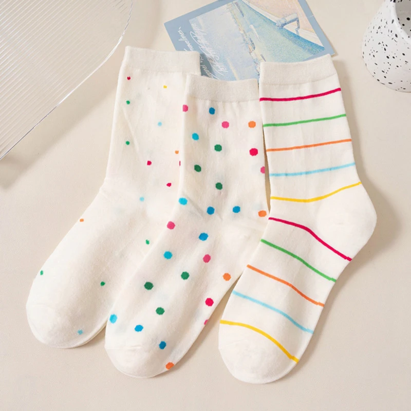 

Women Socks Cotton Spring Autumn Female Polka Dot Striped Girls Gift White Sweet Style Simple Lovely Cute Kawaii Mid-tube Socks