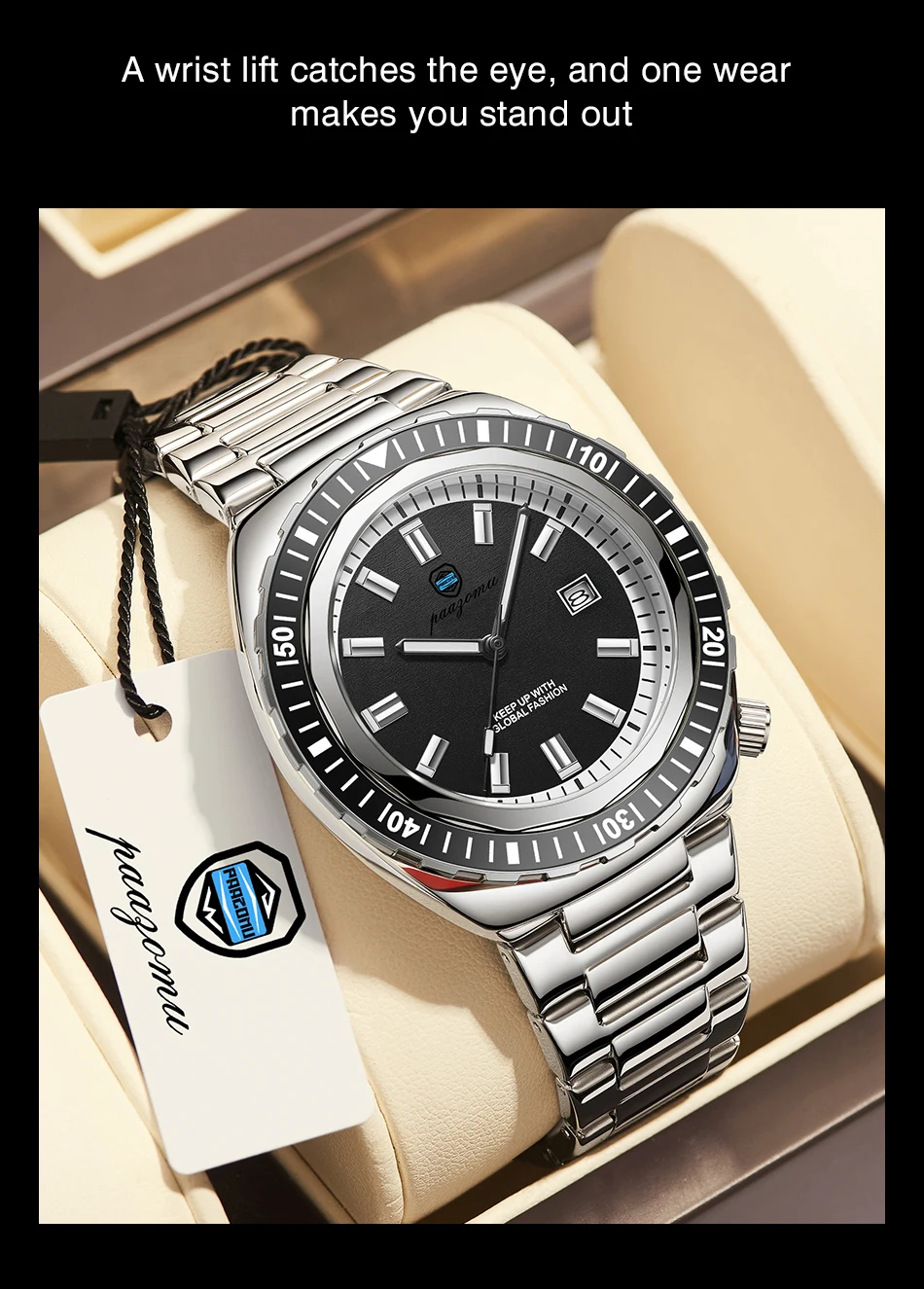 Montre homme de luxe, style business, date, jour de la semaine, étanche, lumineuse, bracelet sport en acier inoxydable, mouvement à quartz._voghion.com