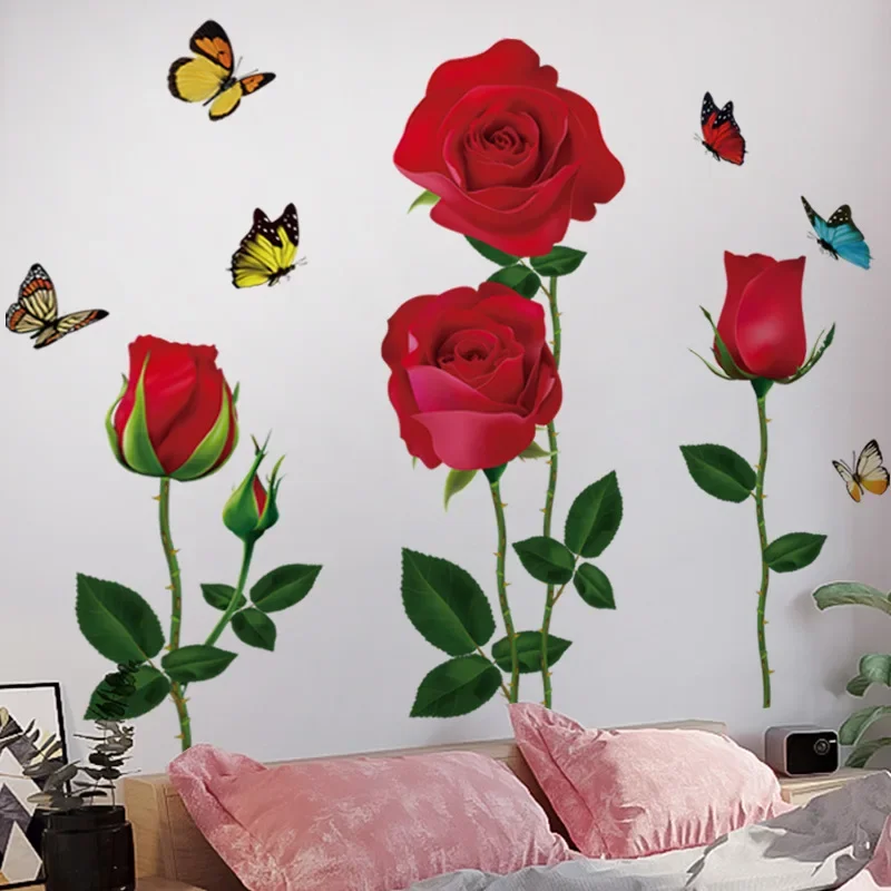 Red Roses Small Fresh Florals Wall Stickers Landscaping Decoration Removable Vinyl PVC Home Decor Living Room Bedroom