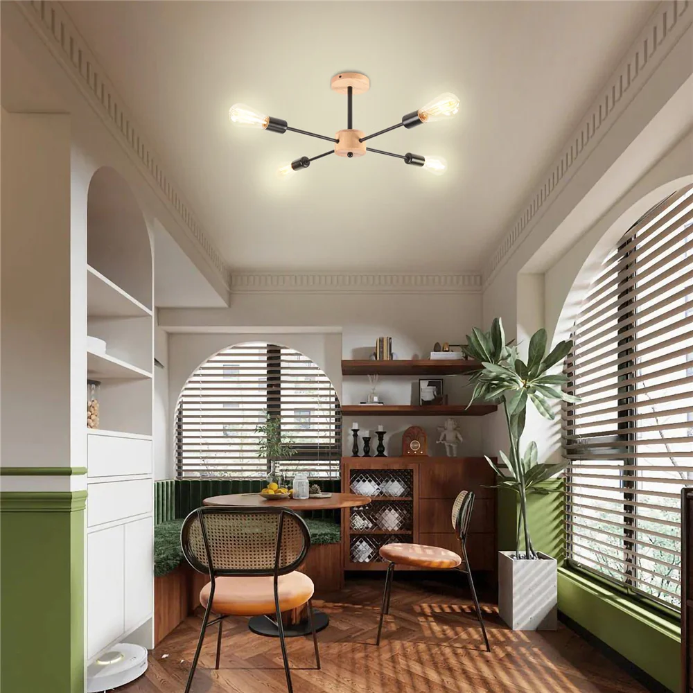 

Simple Retro Iron Chandeliers 4-Heads Branches Wooden Lighting Modern Ceiling Lamp for Living Room Bedroom Kitchen Light Fixture