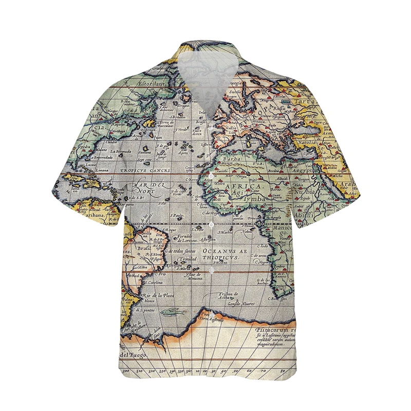 thumbnail image 1 of Camisa de moda para hombre con estampado 3D de mapa y brújula, solapa con botones, manga corta, diseño personalizado, camisetas cómodas, 1 of 5