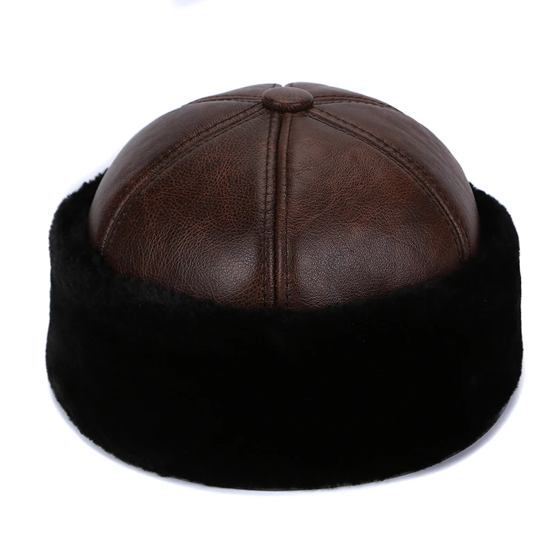 Retro Cowhide Bomber Hat Winter Keep Warm Caps Men Women Real Leather Thick Velvet Dad Hat