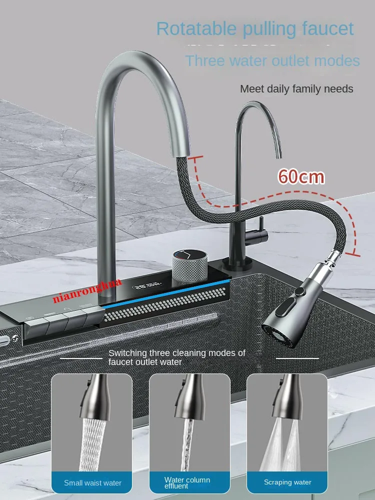 Description Picture 6 of item304 Stainless Steel Waterfall Kitchen Sink Large Single Slot Integrated Digital Display Faucet Set Soap Dispenser Cup Washer