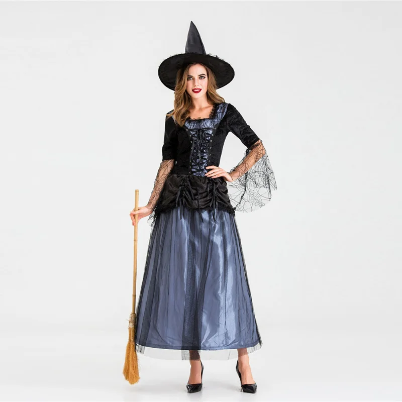 

Fantasy Black Witch Fancy Dress Up Halloween Sorceress Costume For Women Adult Queen Carnival Party Cosplay